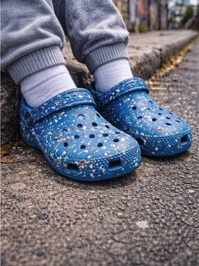 Crocs Kids C9 Blue Paint Splatter Classic Clogs Comfort Shoes Slip On